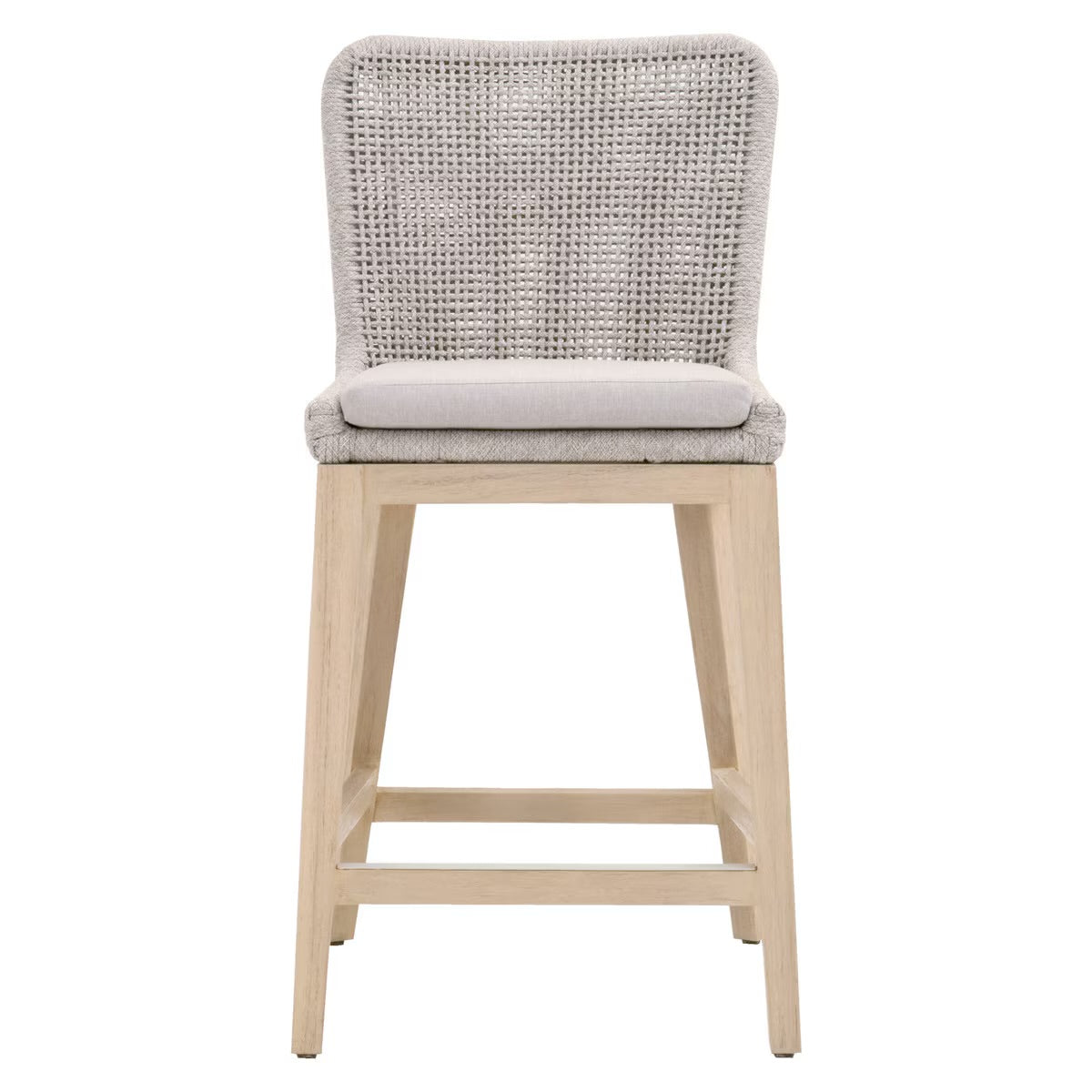 Essentials For Living Mesh Outdoor Counter Stool ~ Taupe & White Flat Rope, Gray Teak, Performance Pumice