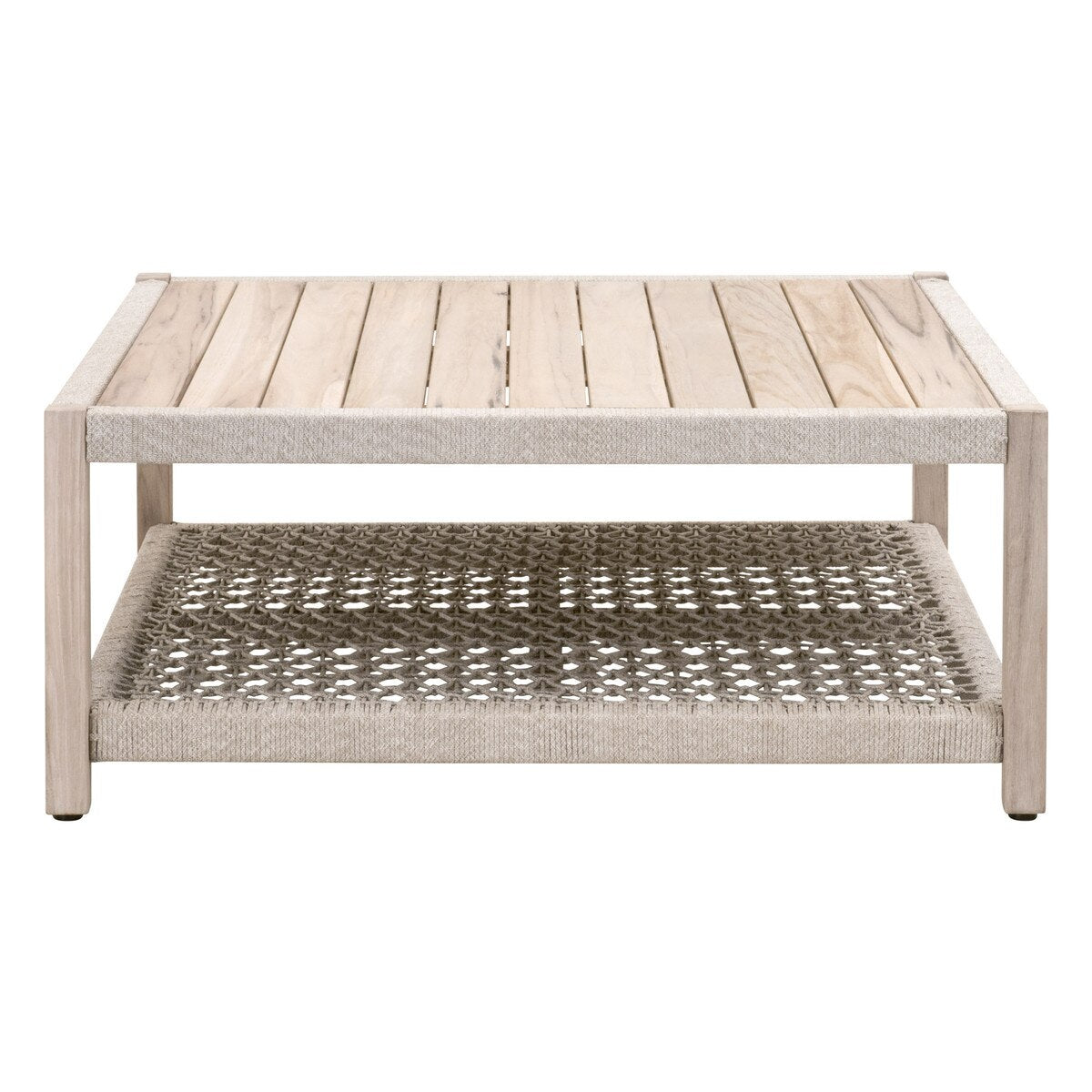 Essentials For Living Wrap Outdoor Square Coffee Table ~ Taupe & White Flat Rope, Gray Teak - Image 1