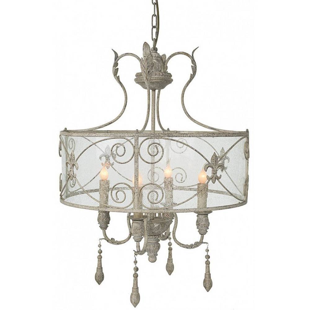Provence Home Distressed French Grey Carved Wood Antiqued Metal ChandelierWith Seeded Glass Panels - Image 1