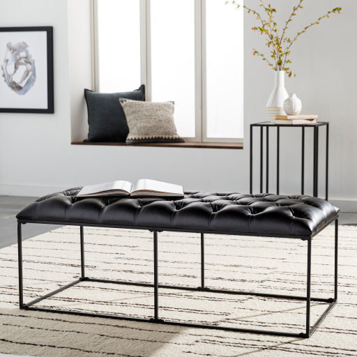 Surya Savoy Modern Black Faux Leather Tufted Bench With Black Metal Base SVY-002 - Image 1