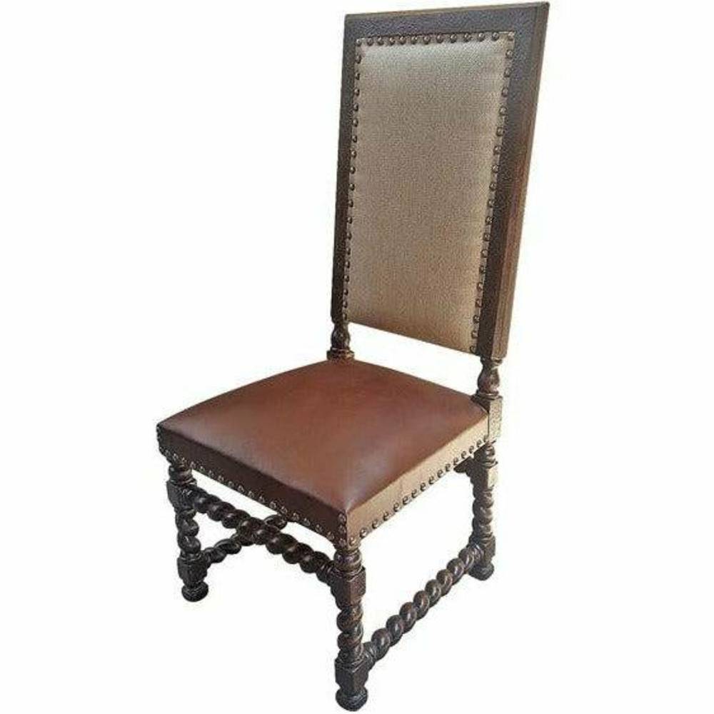 Casa Bonita Peruvian Hand-Painted Carved Wood Fabric and Leather Salamanca Dining Chair - Image 1