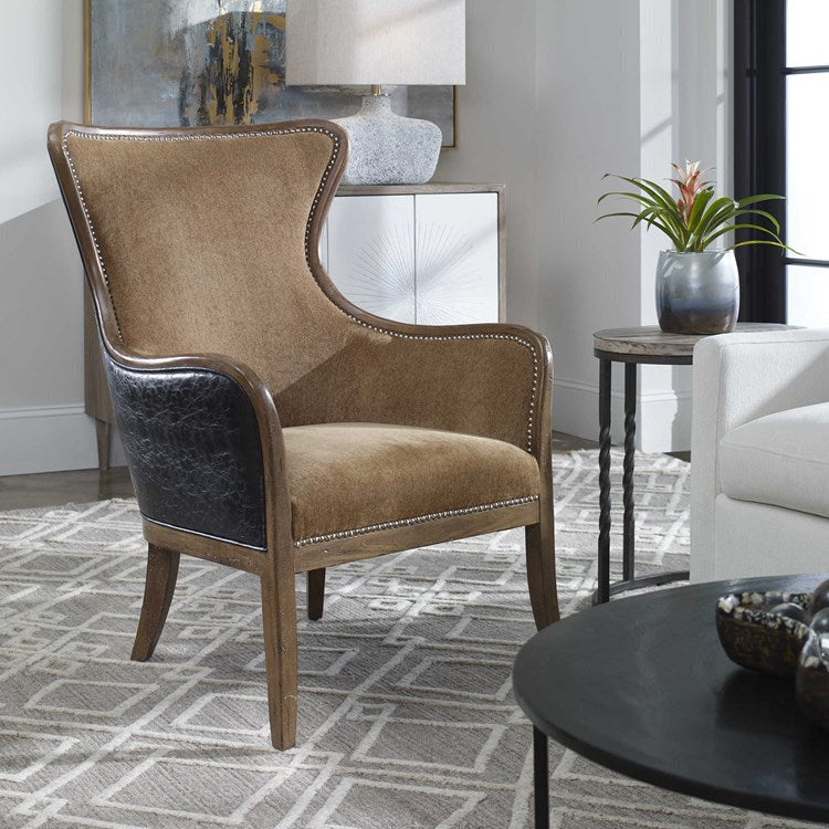 Uttermost Snowden Caramel Velvet Wing Back Armchair With Deep Chocolate Faux Leather Back - Image 3