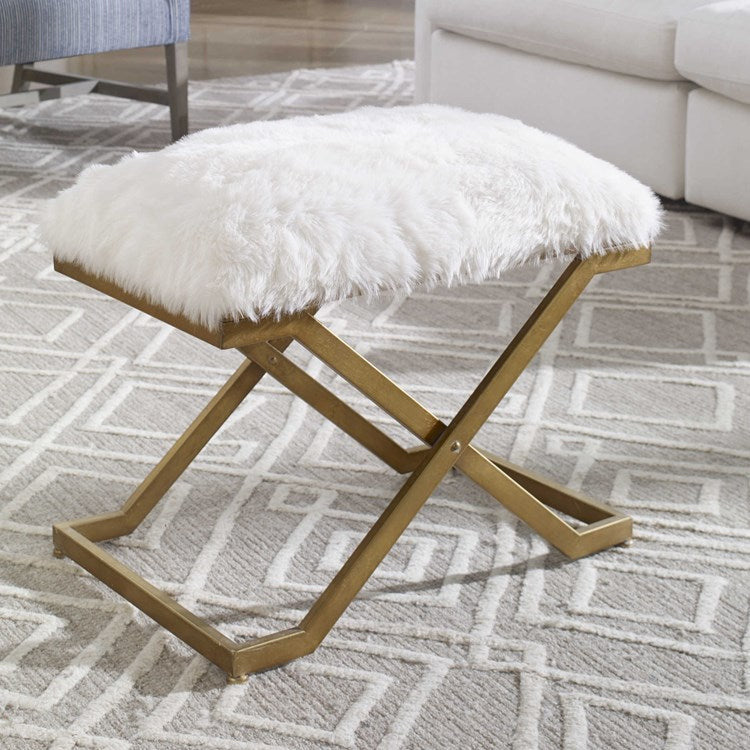 Uttermost Farran White Faux Fur Seat Antiqued Gold Iron Small Bench - Image 2