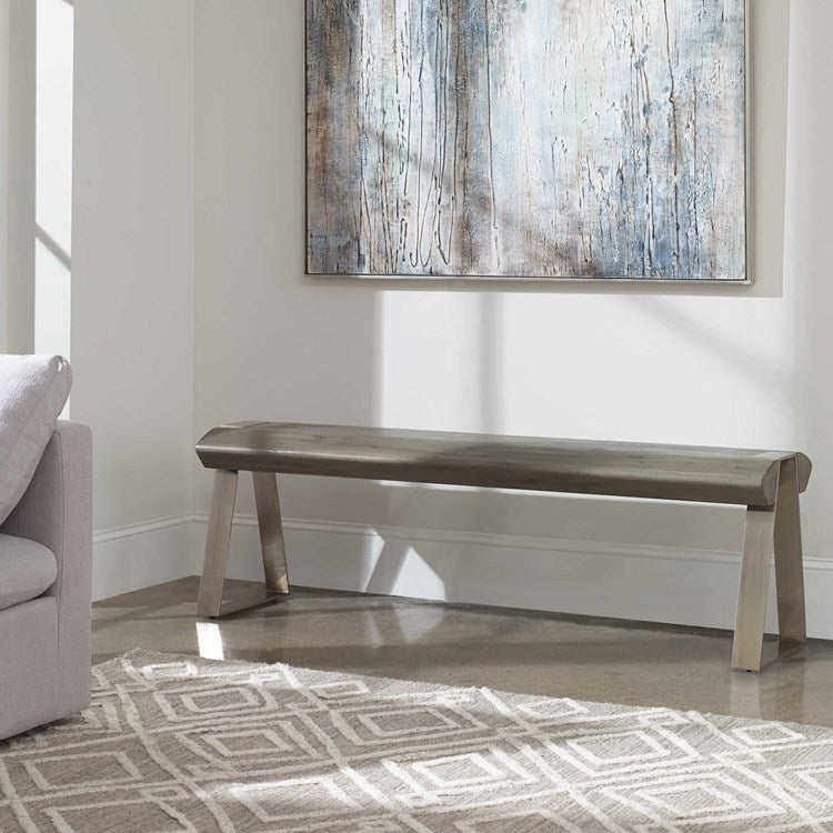 Uttermost Acai Gray Wash Wood Contemporary Pewter Metal Bench