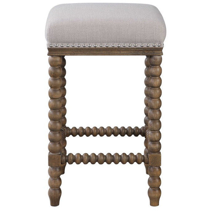 Uttermost Pryce Ivory Linen Performance Fabric Counter Stool With Wood Spindle Legs - Image 2