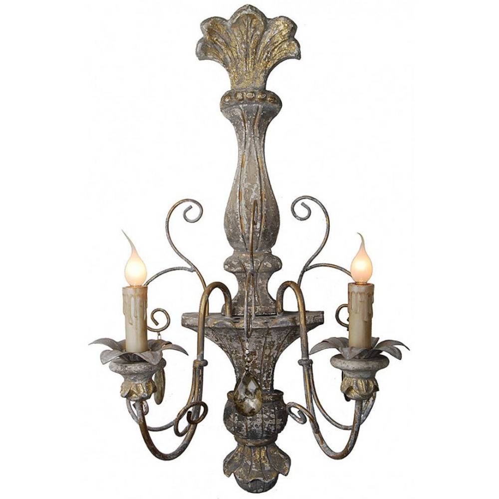 Provence Home Set of 2 Distressed Grey & Gold Carved Wood Antiqued Metal Wall Sconces
