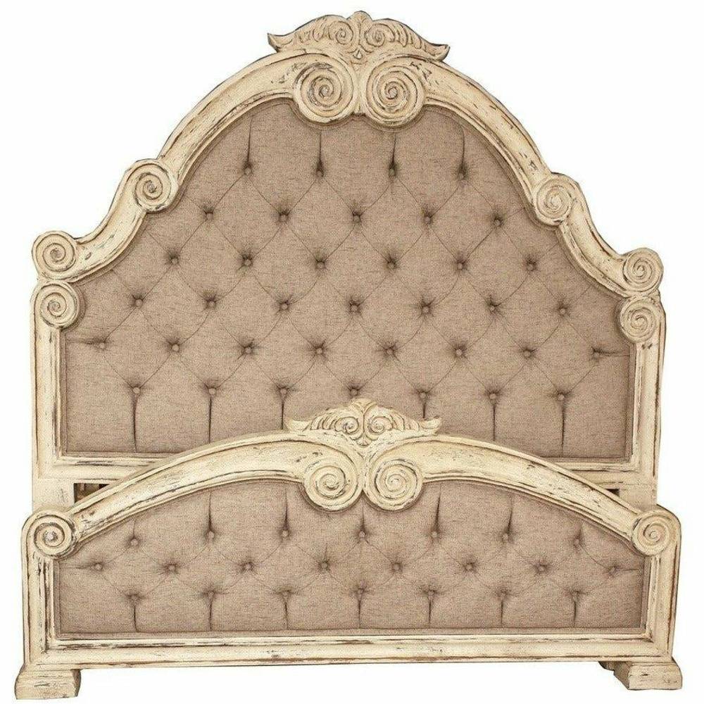 Casa Bonita Peruvian Hand-Painted Carved Wood Tufted Linen Raquel King Size Bed - Image 1