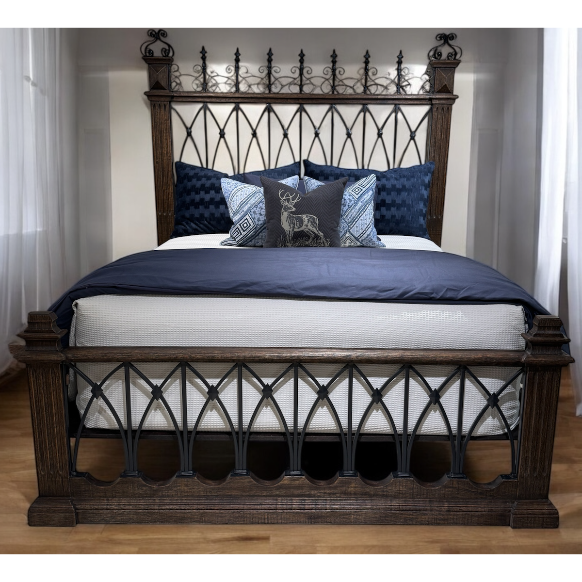 Casa Bonita Peruvian Hand-Painted Carved Wood and Hand Forged Iron Fortaleza King Size Bed