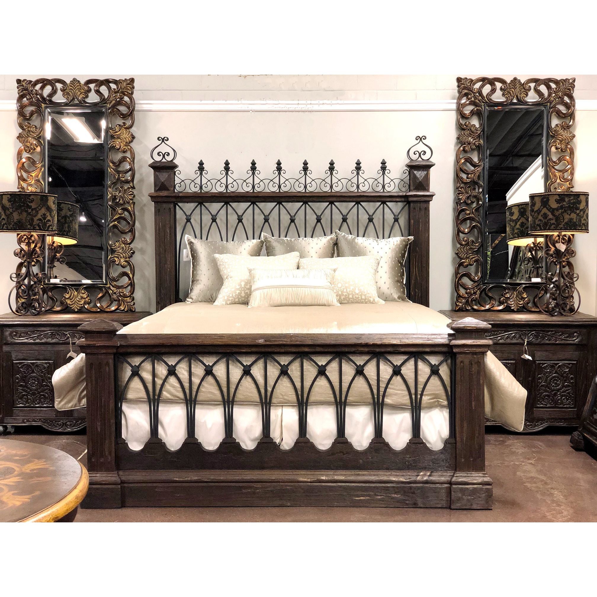 Casa Bonita Peruvian Hand-Painted Carved Wood and Hand Forged Iron Fortaleza King Size Bed - Image 2