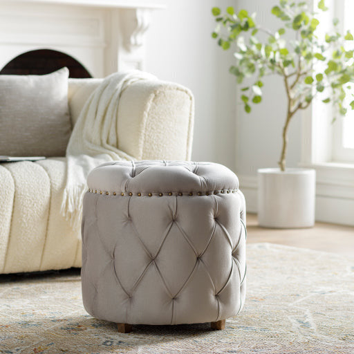Surya Amana Modern Gray Tufted Round Ottoman With Nailheads AAA-002