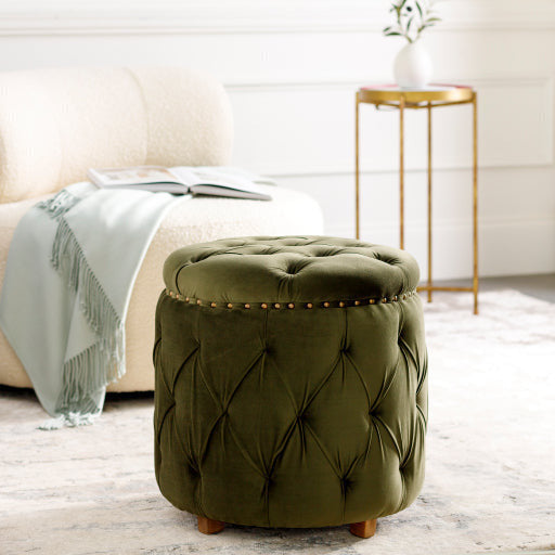 Surya Amana Modern Olive Green Tufted Round Ottoman With Nailheads AAA-004 - Image 1