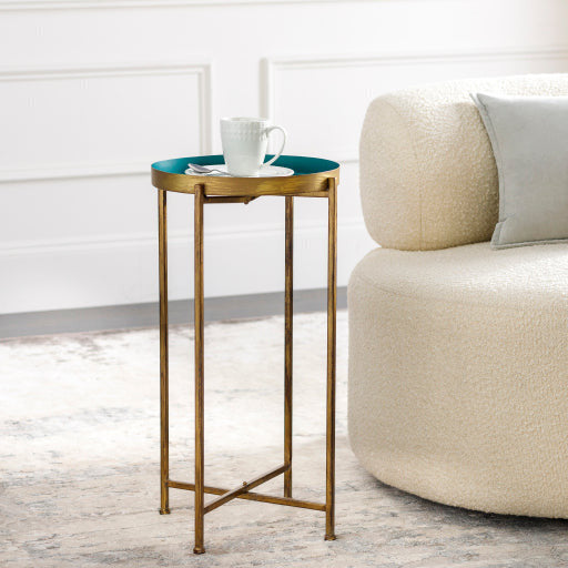 Surya Allenbury Modern Aqua Tray Top With Gold Metal Base Round Accent Side Table AEU-004