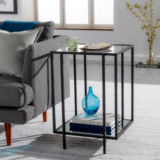 Surya Alecsa Modern Glass Top & Black Metal Base With Mirrored Bottom Shelf Accent Side Table EAA-002