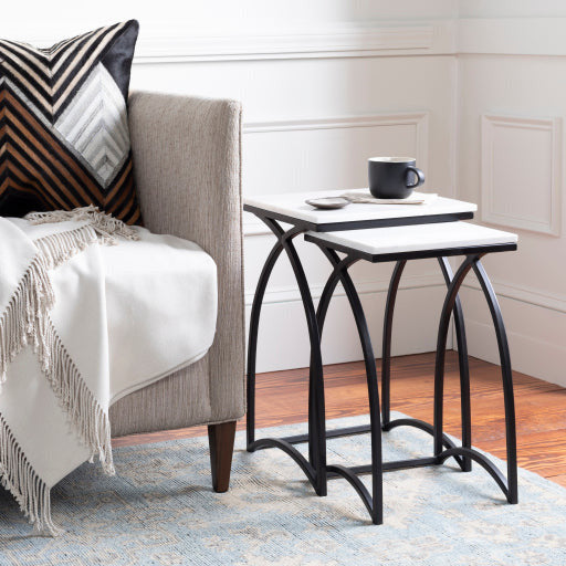 Surya Evana Modern White Marble Top With Black Metal Base Set Of 2 Nesting Accent Tables EAN-002