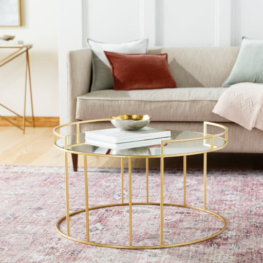 Surya Gossamer Modern Mirrored Glass With Metallic Gold Metal Base Round Coffee Table GSS-001 - Image 1