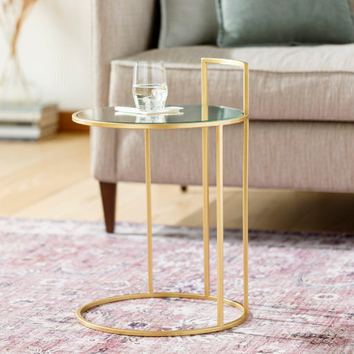 Surya Gossamer Modern Mirror Top Metallic Gold Metal Base Round Accent Side Table GGR-001 - Image 1