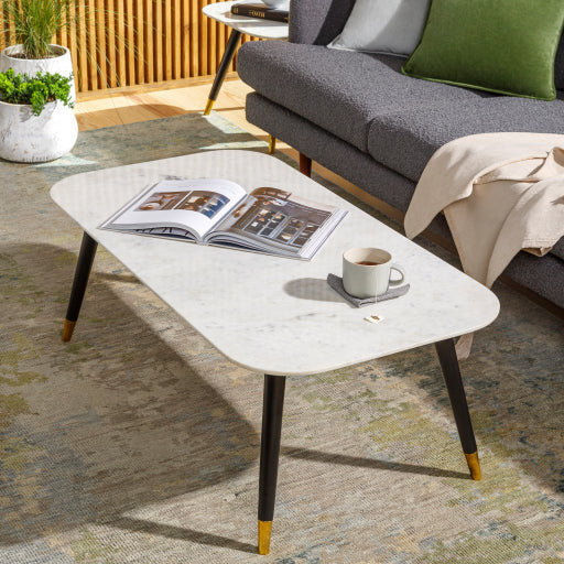 Surya Grandeur Modern White Marble Top With Black Wood & Brass Base Coffee Table GUR-001 - Image 2