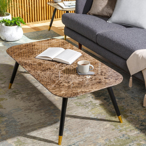 Surya Grandeur Modern Brown Marble Top With Black Wood & Brass Base Coffee Table GUR-002 - Image 3