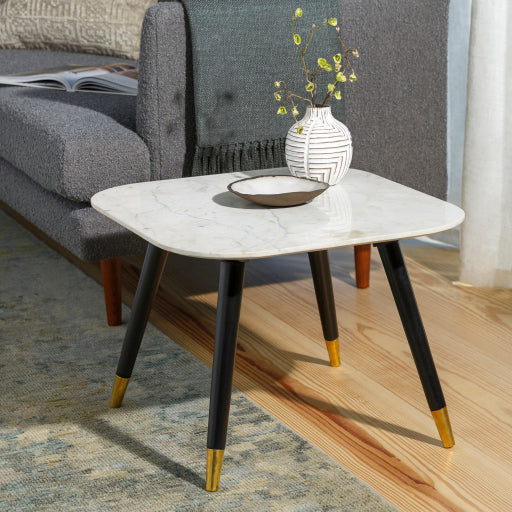 Surya Grandeur White Marble Top With Black Wood Base & Brass Feet Accent Side Table GUR-003 - Image 1