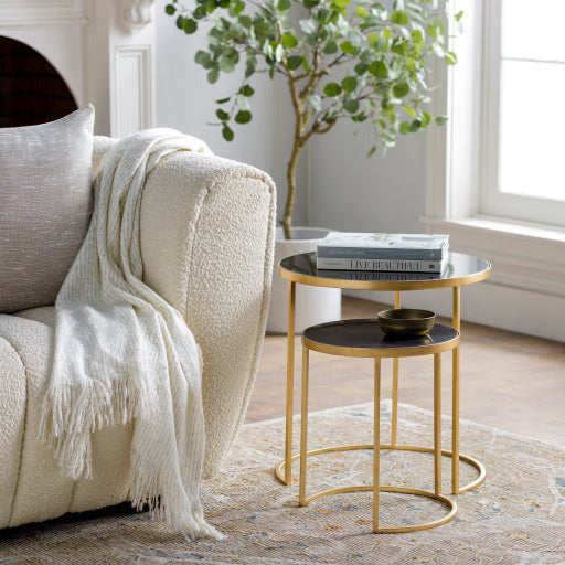 Surya Hearthstone Modern Black Granite Top With Metallic Gold Metal Base Set of 2 Nesting Accent Side Tables HTS-003 - Image 1