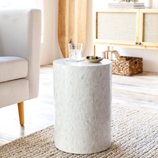 Surya Iridescent Modern Ivory & Gray Shell and Wood Round Accent Side Table ISC-001 - Image 1