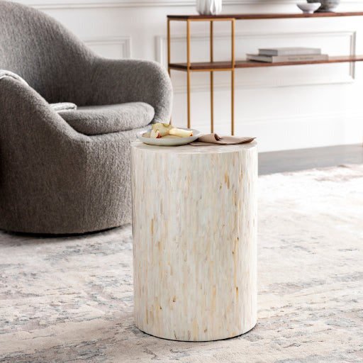 Surya Iridescent Modern Ivory & Tan Shell and Wood Round Accent Side Table ISC-003 - Image 1