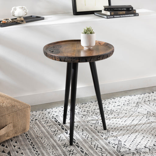 Surya Kavya Rustic Modern Wood Top With Black Metal Base Round Accent Side Table KAV-001 - Image 1
