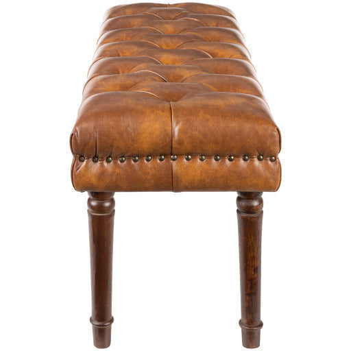 Surya Lancaster Modern Rustic Cognac Faux Leather Tufted Bench With Brown Wood Base LCT-001 - Image 3