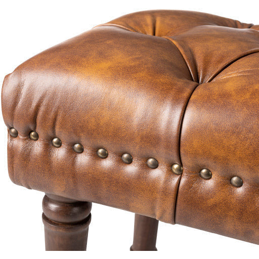 Surya Lancaster Modern Rustic Cognac Faux Leather Tufted Bench With Brown Wood Base LCT-001 - Image 2