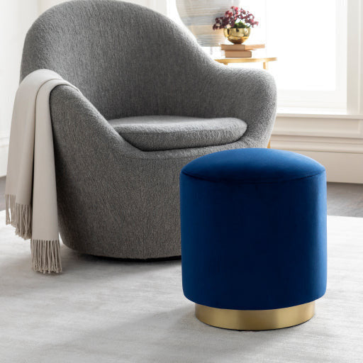 Surya Roxeanne Modern Dark Blue Velvet Round Pouf Ottoman With Gold Base RON-004 - Image 1