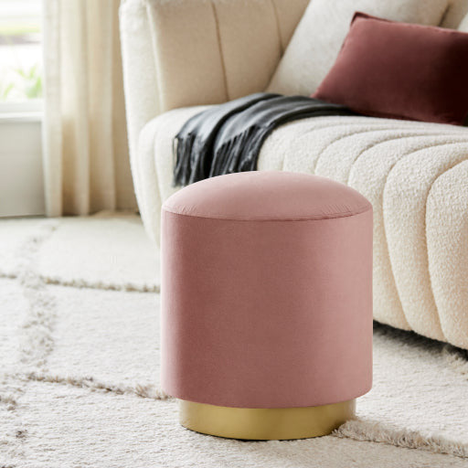 Surya Roxeanne Modern Pastel Pink Velvet Round Pouf Ottoman With Gold Base RON-010 - Image 1