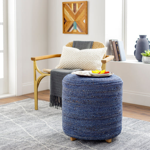 Surya Tropics Modern Dark Blue Jute Round Pouf Ottoman TPP-001