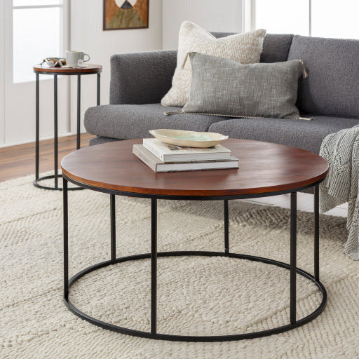 Surya Aryaa Modern Dark Brown Wood Top With Black Metal Base Round Coffee Table YAA-005 - Image 1