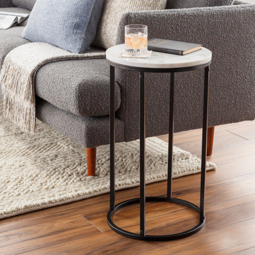 Surya Aryaa Modern White Marble Top With Black Metal Base Round Accent Side Table YAA-013 - Image 1