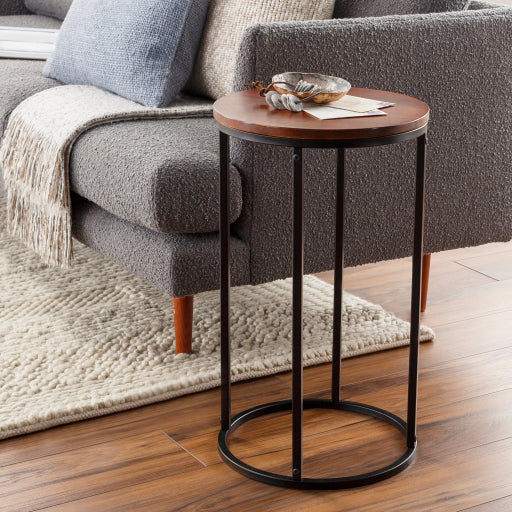 Surya Aryaa Modern Wood Top With Black Metal Base Round Accent Side Table YAA-014