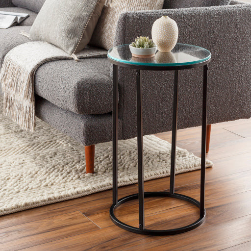Surya Aryaa Modern Glass Top With Black Metal Base Round Accent Side Table YAA-015