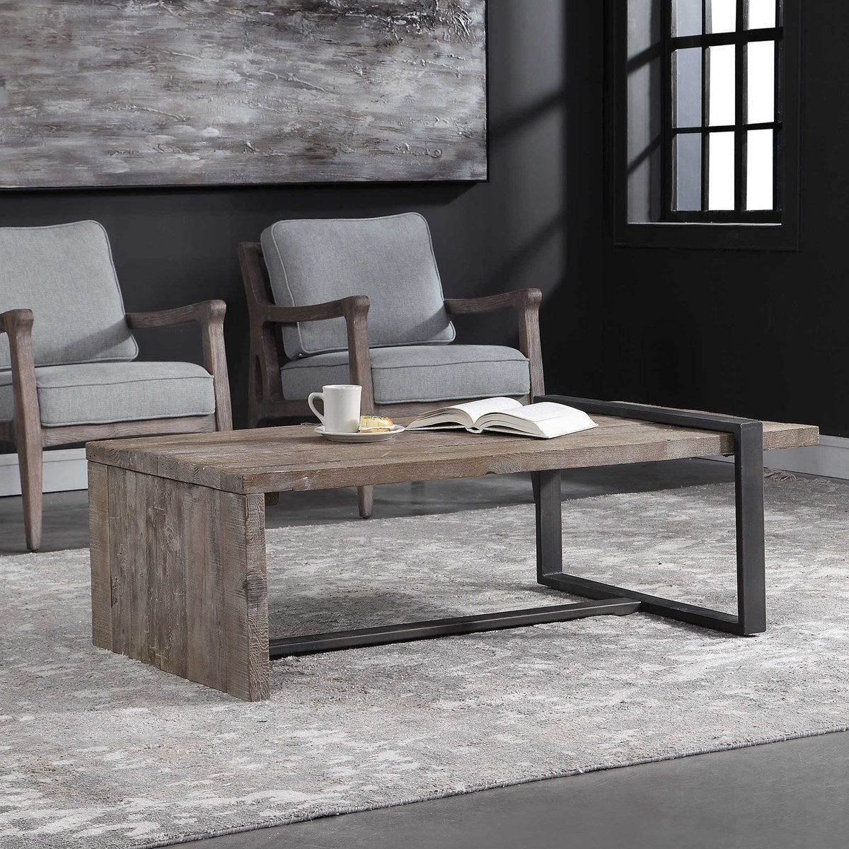 Uttermost Genero Weathered Gray Wash Wood With Aged Iron Rustic Modern Coffee Table - Image 1