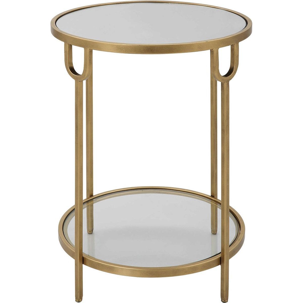 Casa Bella Living Mirrored Top and Glass Shelf With Antique Gold Iron Base Round Side Table - Image 2