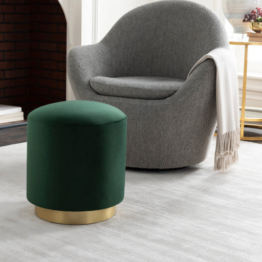 Surya Roxeanne Modern Dark Green Velvet Round Pouf Ottoman With Gold Base RON-006 - Image 1