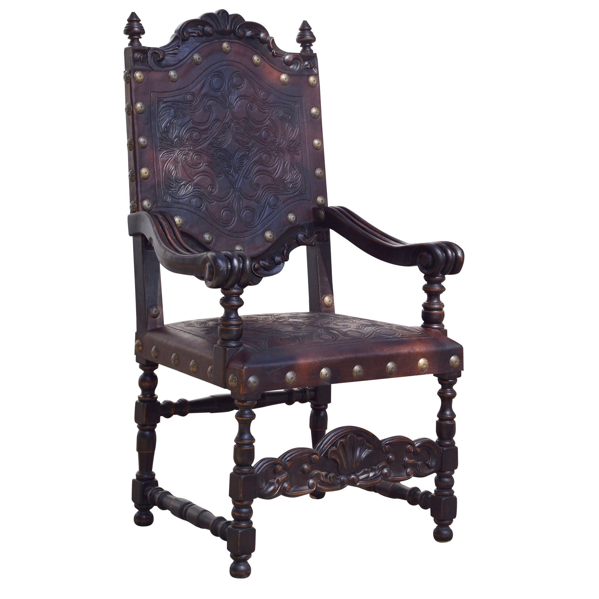 Casa Bonita Peruvian Hand-Painted Carved Wood Del Rey Hand Tooled Extra Leather Large Dining Arm Chair - Image 1