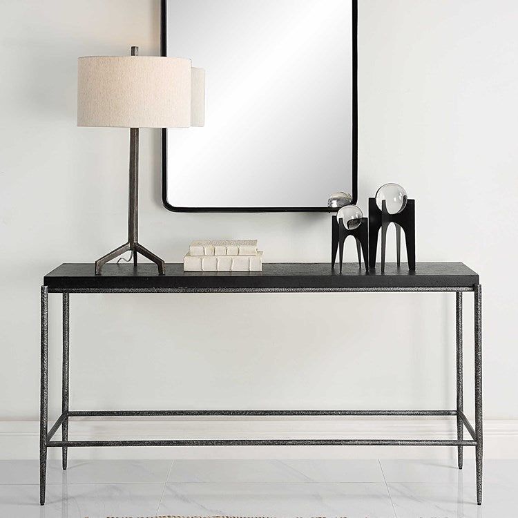 Uttermost Crescendo Black Concrete Top with Hammered Silver Metal Base Console Table - Image 1