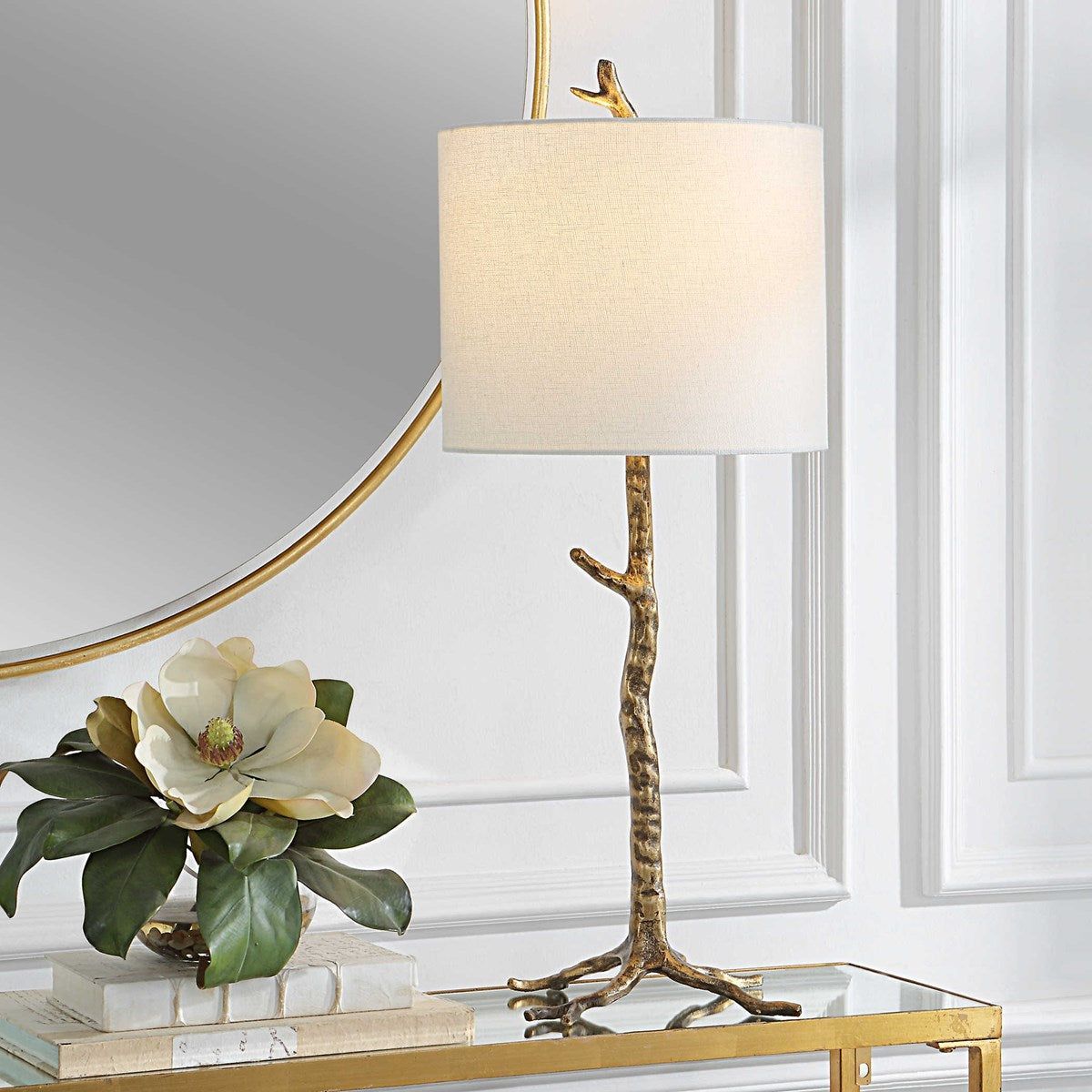 Casa Bella Living Soft White Linen Drum Shade with Antique Gold Branch Base Table Lamp