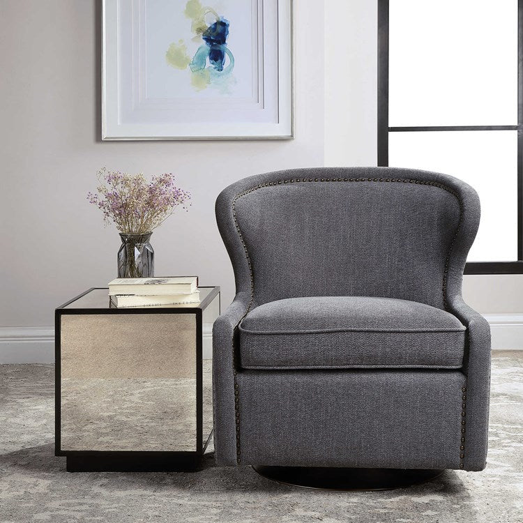 Uttermost Biscay Charcoal Gray Herringbone Fabric Contemporary Swivel Chair - Image 1