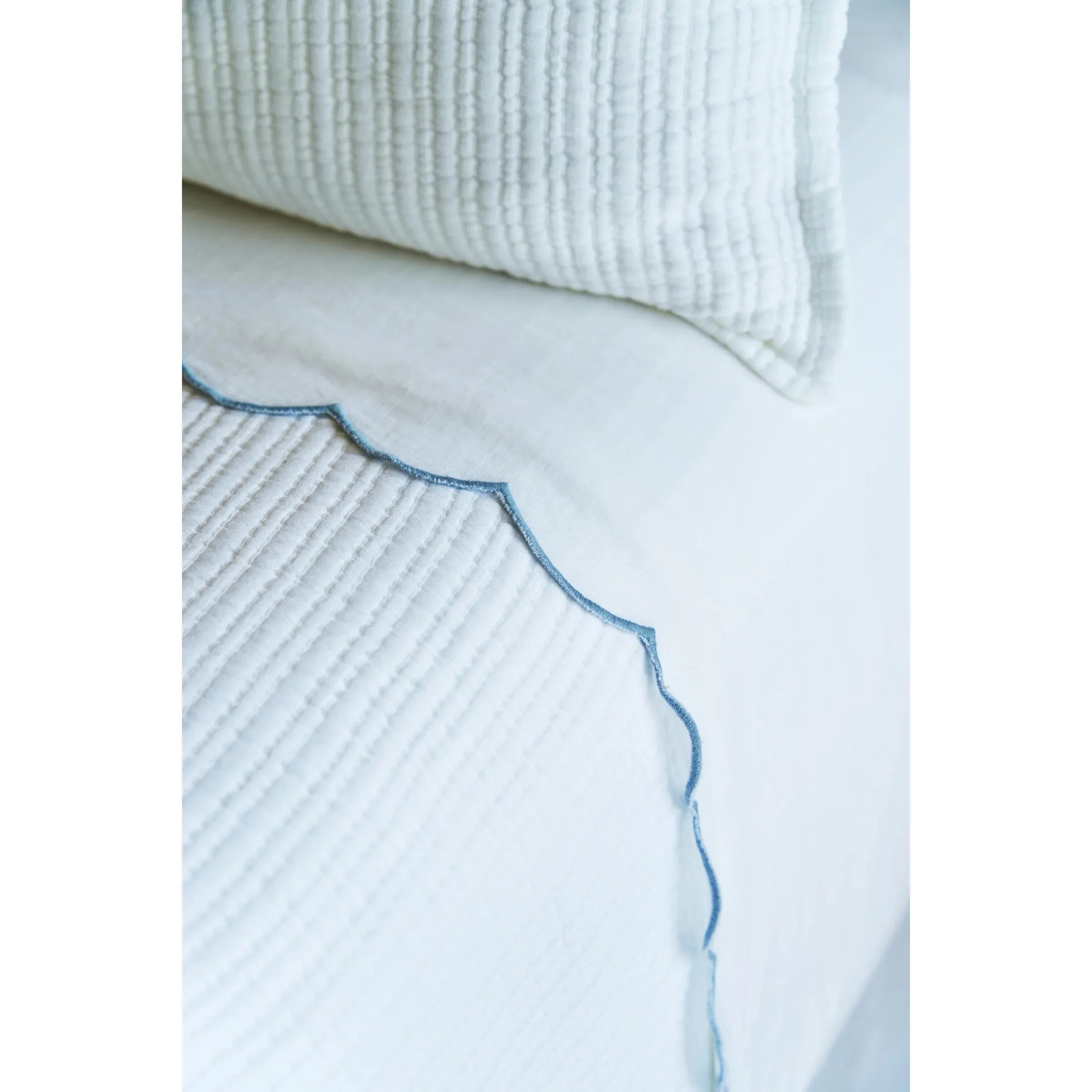 Pom Pom at Home Kelly White and French Blue Linen Scalloped Sheet Set ~ Available in Queen and King Sizes - Image 2