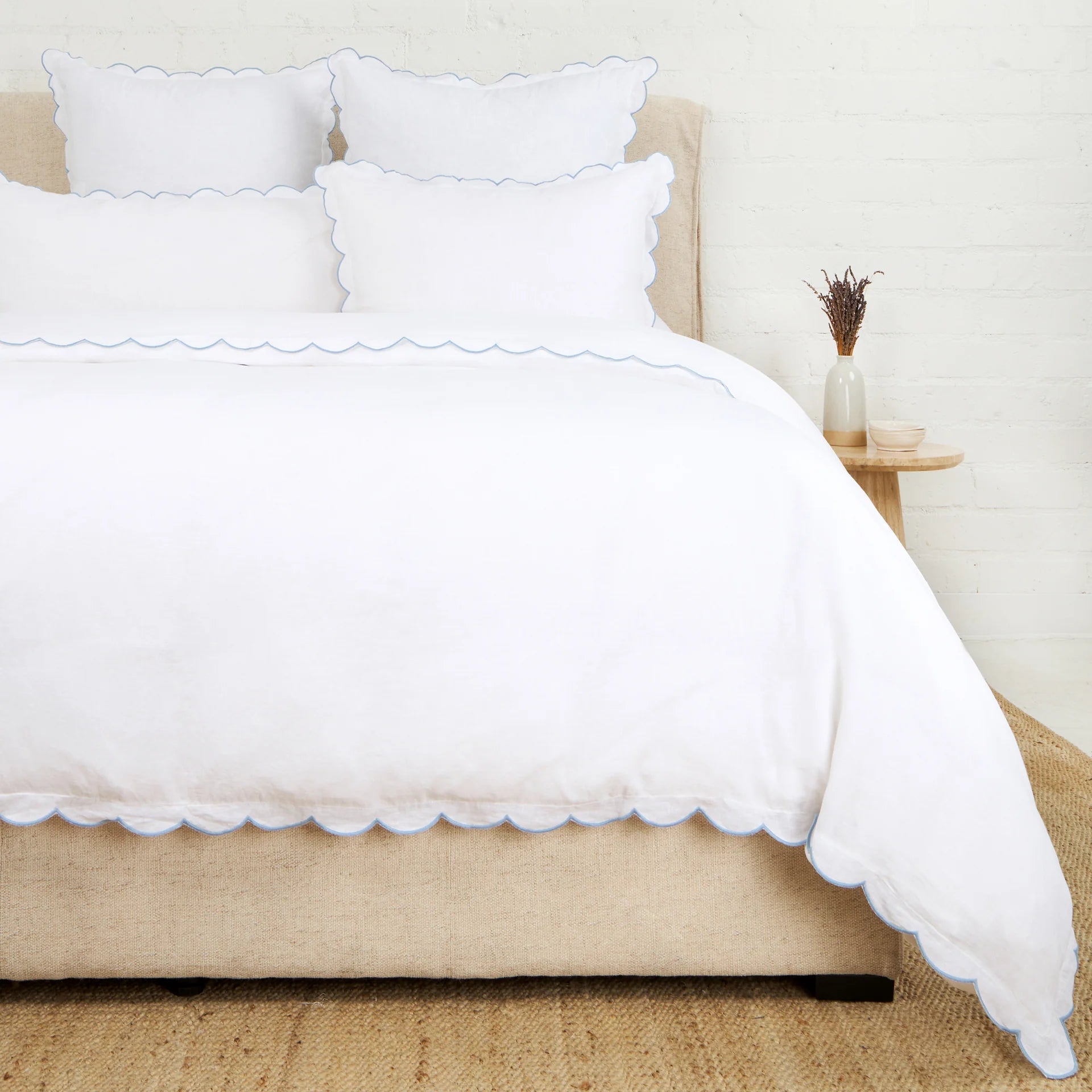 Pom Pom at Home Kelly White and French Blue Linen Scalloped Duvet Cover & Pillow Shams ~ Available in Queen and King Sizes - Image 2