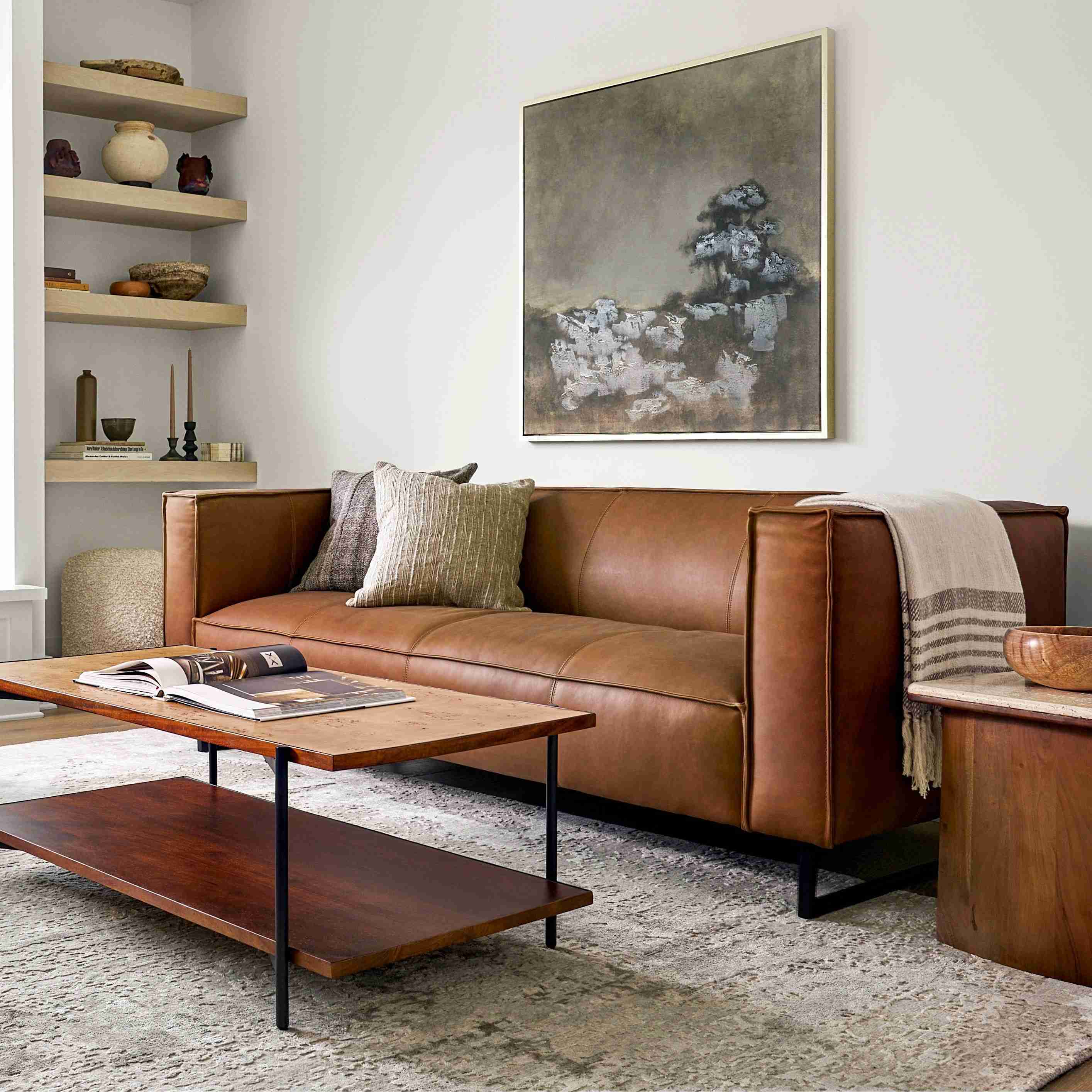 Surya Dylan Modern Cognac Brown Leather Square Arm Sofa - Image 2