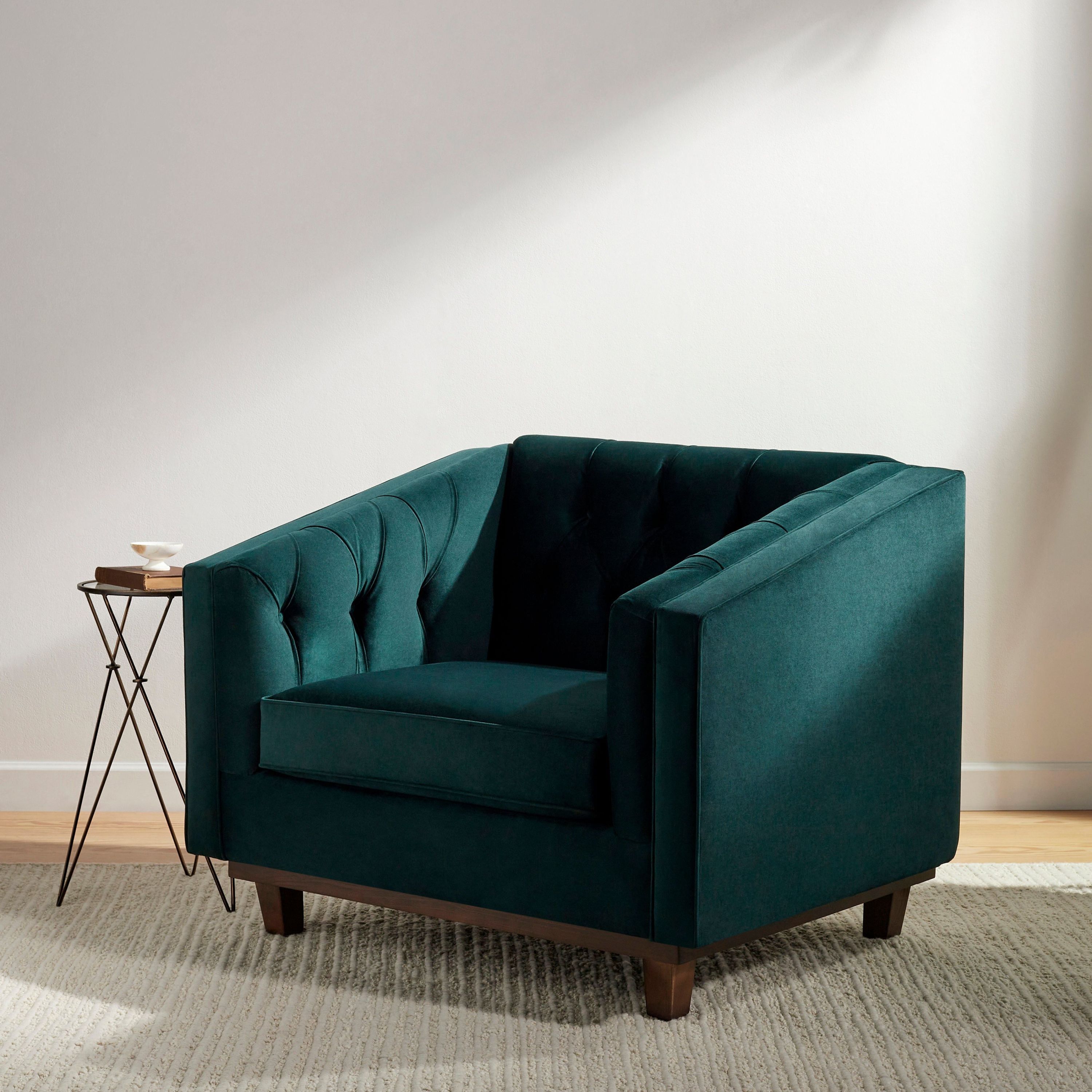 Surya Cheviot Modern Velvet Tufted Accent Chair With Wood Base - Image 3