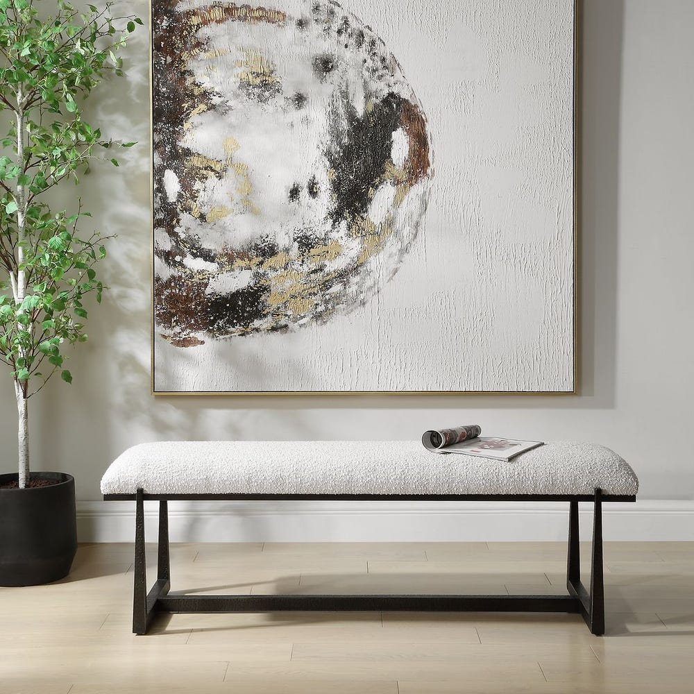 Uttermost Midas With Textured Black Iron Legs And Bone White Boucle Bench - Image 1