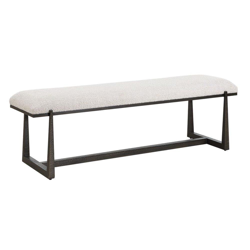 Uttermost Midas With Textured Black Iron Legs And Bone White Boucle Bench - Image 3