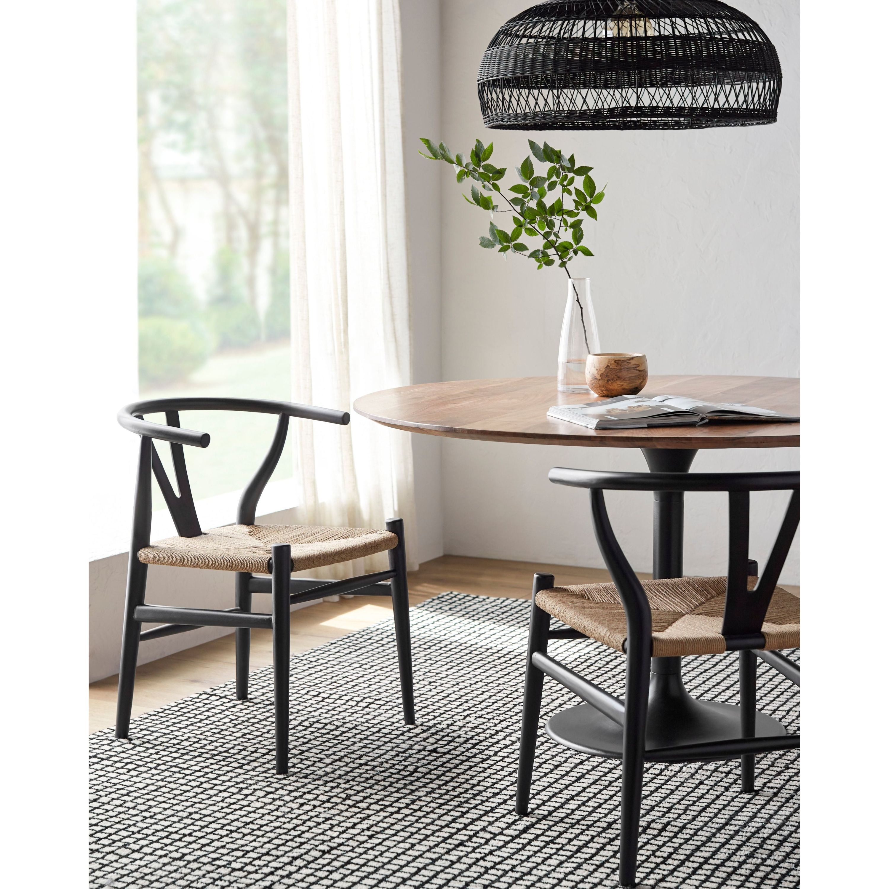 Surya Linxia Modern Black Curved Back With Natural Seagrass Seats Set of 2 Wishbone Dining Chairs - Image 1